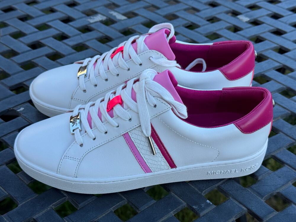 Michael Kors Women’s Irving Stripe Lace Up Tennis Shoe Size 8.5 Neon Pink NIB